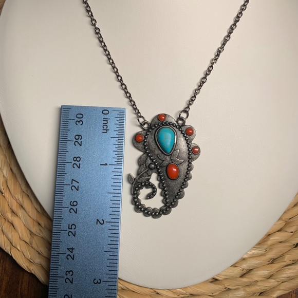 Southwestern Peacock Feather Turquoise Howlite and Red Cabochon Pendant Necklace - Picture 9 of 10